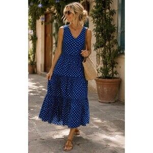 MAGARI Made in Italy Blue Geometric Tiered Midi Dress Sleeveless V-Neck Size M
